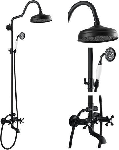gotonovo Exposed Bathroom Shower System Vintage Shower Fixture 8 Inch Rainfall Shower Head Handheld Spray Tub Filler Brass Pipe 3-Function Wall Mount Double Cross Knobs Matte Black