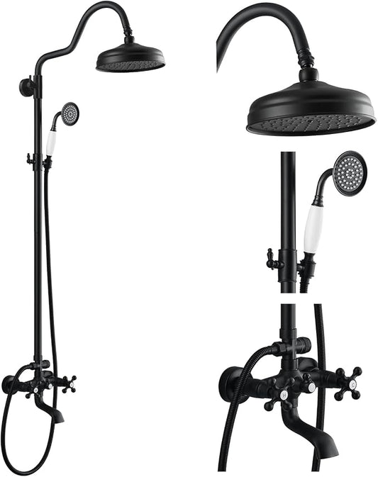 gotonovo Exposed Bathroom Shower System Vintage Shower Fixture 8 Inch Rainfall Shower Head Handheld Spray Tub Filler Brass Pipe 3-Function Wall Mount Double Cross Knobs Matte Black