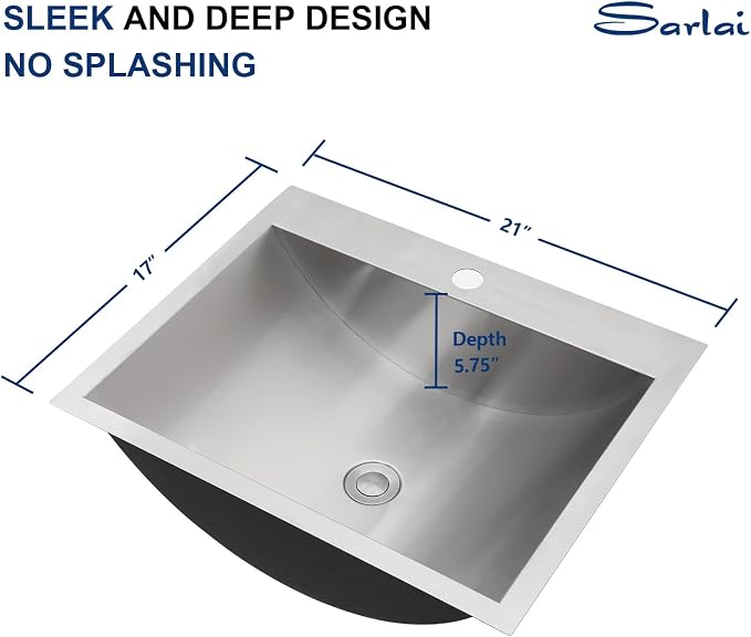 Sarlai Stainless Steel Bathroom Sink Drop in - 21"x17" Bathroom Vanity Sink Stainless Steel Rectangle Topmount Bathroom Lavatory Restroom Sinks Basin with Pop Up Drain