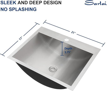 Sarlai Stainless Steel Bathroom Sink Drop in - 21"x17" Bathroom Vanity Sink Stainless Steel Rectangle Topmount Bathroom Lavatory Restroom Sinks Basin with Pop Up Drain