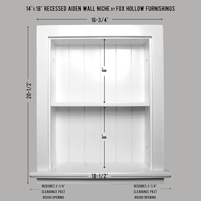 Fox Hollow Furnishings 14x18 Aiden Recessed Wall Niche Medicine Cabinet Replacement, in The Wall Bathroom Cabinet Insert Shelf/Shelves, Made in North America, Real Wood, NO MDF, Beadboard, White