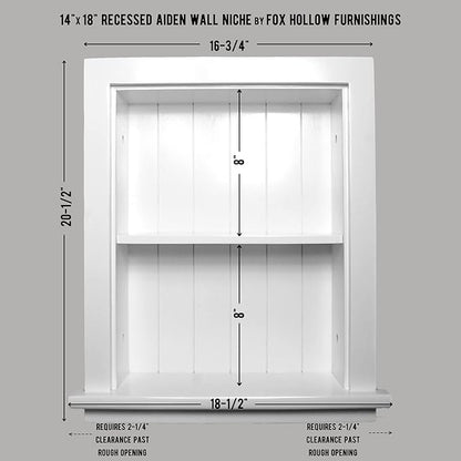 Fox Hollow Furnishings 14x18 Aiden Recessed Wall Niche Medicine Cabinet Replacement, in The Wall Bathroom Cabinet Insert Shelf/Shelves, Made in North America, Real Wood, NO MDF, Beadboard, White