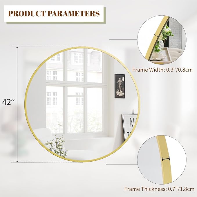 BEAUTYPEAK 42 Inch Round Mirror, Metal Frame Circle Mirror, Gold | Wall Mounted for Entryway, Bathroom, Vanity, Living Room