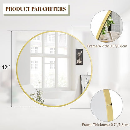BEAUTYPEAK 42 Inch Round Mirror, Metal Frame Circle Mirror, Gold | Wall Mounted for Entryway, Bathroom, Vanity, Living Room