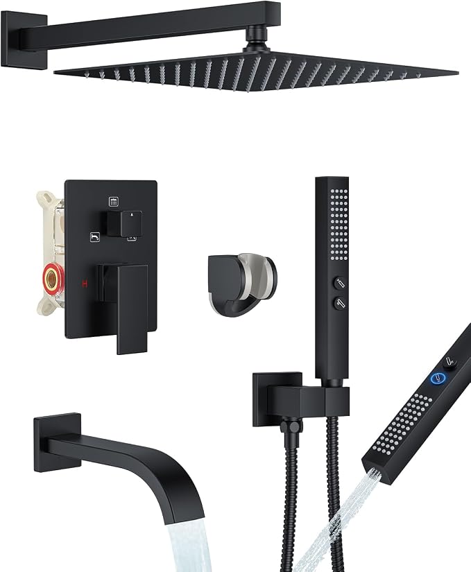 Shower System with Tub Spout, Wall Mounted Bathtub Shower Faucet Set, 12" Rainfall Shower Head and Handheld Shower Combo, High Pressure Shower Fixtures Set with Rough-in Valve, Matte Black