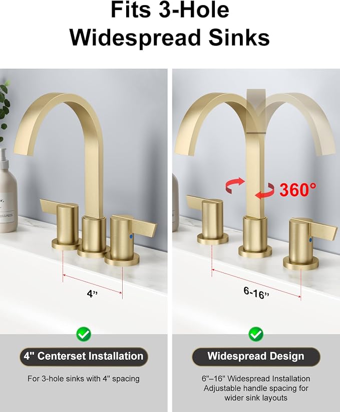 Brushed Gold 3 Hole Bathroom Faucet,8" Widespread Vanity Faucet | 2 Handle Waterfall Bathroom Sink Faucet with Pop-Up Drain,Supply Lines,360° Swivel Spout,Lead-Free Stainless Steel,Deck Mount