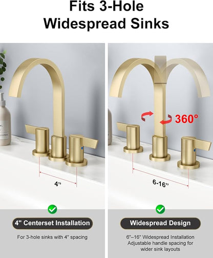 Brushed Gold 3 Hole Bathroom Faucet,8" Widespread Vanity Faucet | 2 Handle Waterfall Bathroom Sink Faucet with Pop-Up Drain,Supply Lines,360° Swivel Spout,Lead-Free Stainless Steel,Deck Mount
