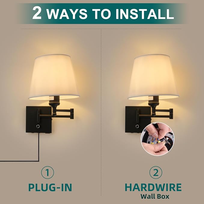 Bedside Wall Mount Light with Dimmable Switch and USB C+A Charging Port, Swing Arm Fabric Shade Wall Sconce Light with Plug in Cord, Black Wall Lamp for Bedroom, Living Room and Hotel