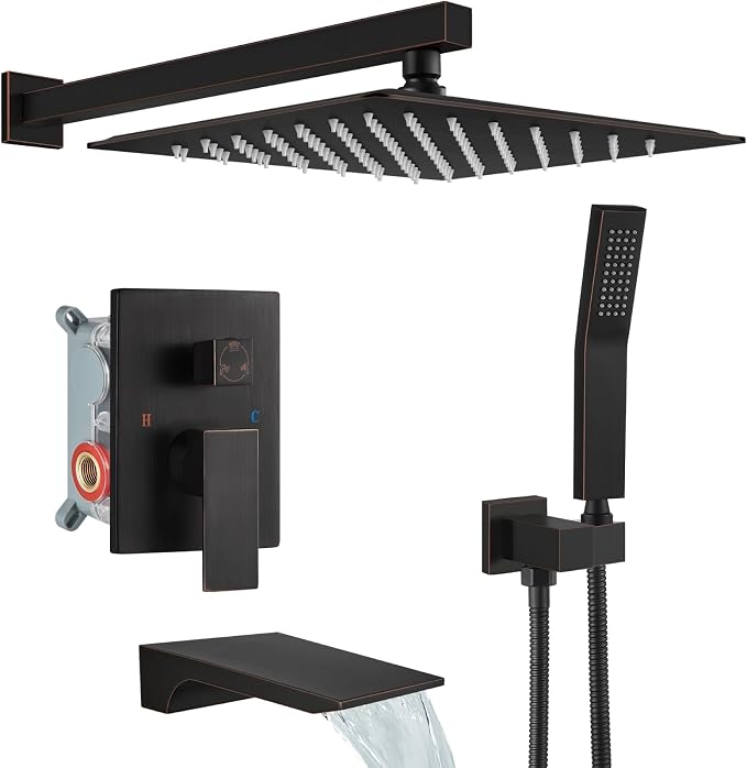 gotonovo Tub Shower Faucet Set with Valve 12'' Rain Head,Oil Rubbed Bronze | Waterfall Tub Spout Shower System,Bathtub Faucet Set,SUS304 Rain Head with Handheld,Brass Valve Trim Kit,All Metal,Wall Mount