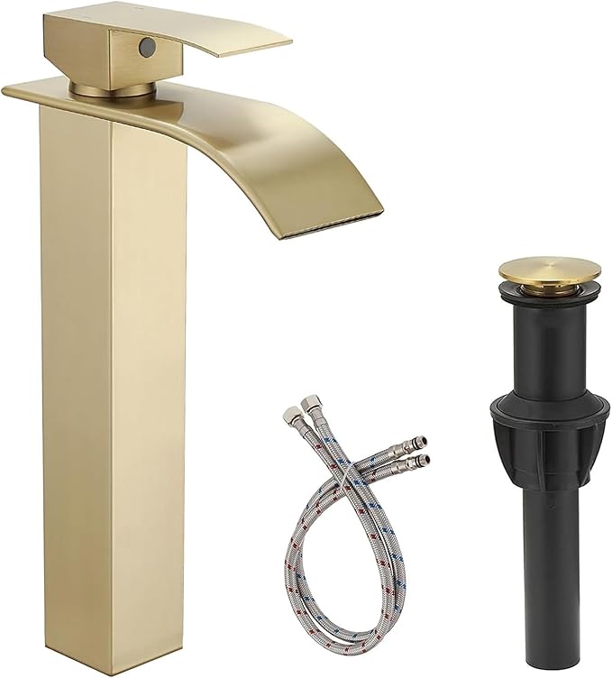 Brushed Gold Bathroom Vessel Sink Faucet, Waterfall Bathroom Faucet, Vessel Faucet, Tall Body High 1 Hole Single Handle with Pop Up Drain Combo Vanity Mixer Tap Commercial Basin Bowl Sink