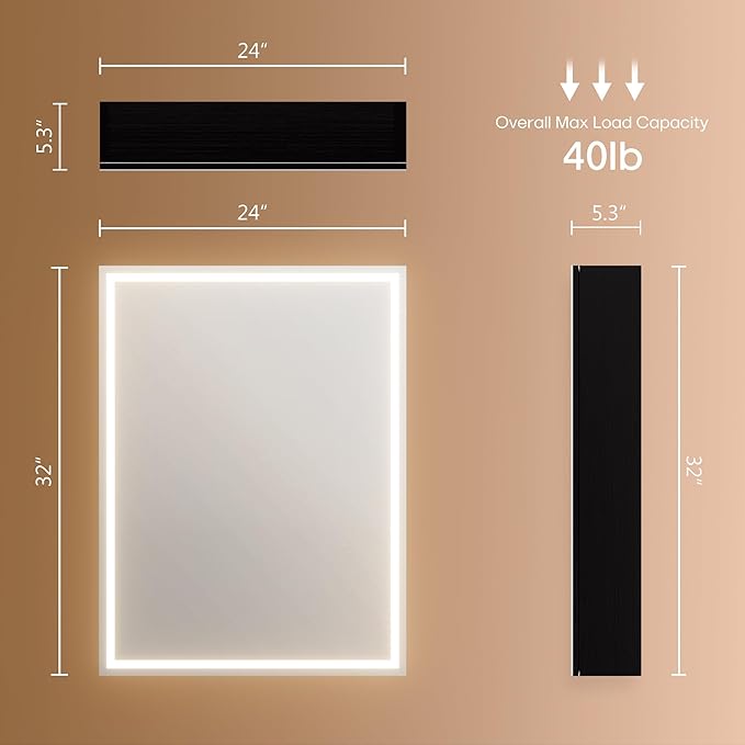 32x24inch LED Medicine CabinetMirror with Lights for Bathroom,Defogger,Stepless Dimmable,3000K/5500K ColorTemperature Wall Mounted MakeupMirror,AdjustableShelf (Assembly Required), Black