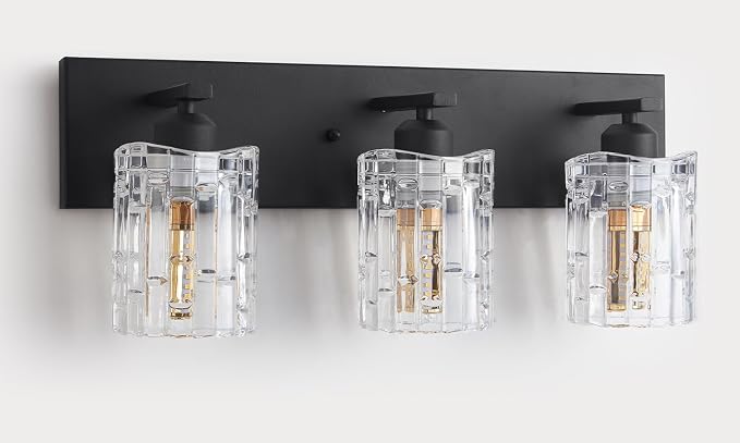 3 Lights Matte Black Crystal Bathroom Vanity Light,Modern Bathroom Wall Light,Crystal Over Mirror Light Fixtures for Living Room, Bedroom, Hallway