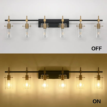 SOLFART 49.2 inch Vanity Light fixtures Vintage 6 Lights Wall Light Fixtures Above Mirror for Bathroom Brass and Black with Clear Glass Shade (Exclude Bulb)