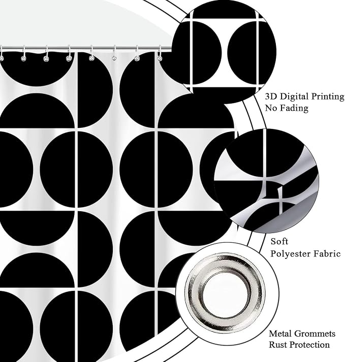 Black and White Mid Century Modern Shower Curtain, Boho Abstract Geometric Retro Art Bath Curtains For Bathroom, Colorful Unique Pattern Waterproof Polyester Fabric Bathroom Set 12 Hooks 60X72IN