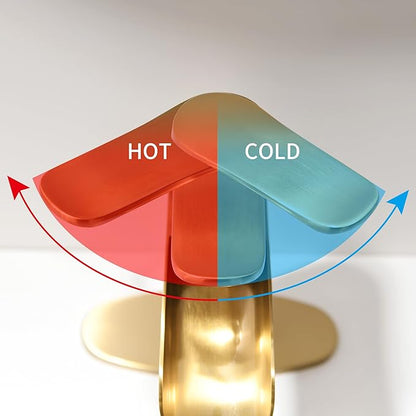 Gold Waterfall Bathroom Faucet - 4Inch Single Hole Bathroom Faucets Solid Brass Modern Single Handle Vanity Faucet for 1 Hole with Deck Plate & Overflow Pop Up Drain Brushed Gold