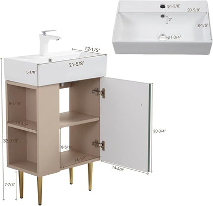 21.6" Freestanding Bathroom Vanity with Ceramic Sink, Green | Ceramic Sink, Wave-Pattern Door & Two-Layer Left Open Compartment, Bathroom Storage Cabinet, Easy Installation