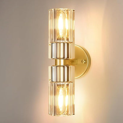 Gold Wall Sconce, Modern Bathroom Sconces Wall Lighting Vanity Light Fixtures with Clear Crystal, Hardwired Brushed Brass Wall Mount Lights for Living Room Corridor Mirror Bedroom Stairs
