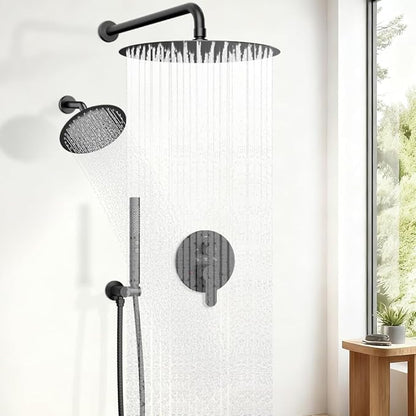 Shower Systems STARBATH 12+6" Round Dual Rainfall Shower Head with Handheld Spray for Two People, Wall Mounted 3 Way Rain Shower Faucet Sets Complete, Included Valve and Trim Kit, Matte Black
