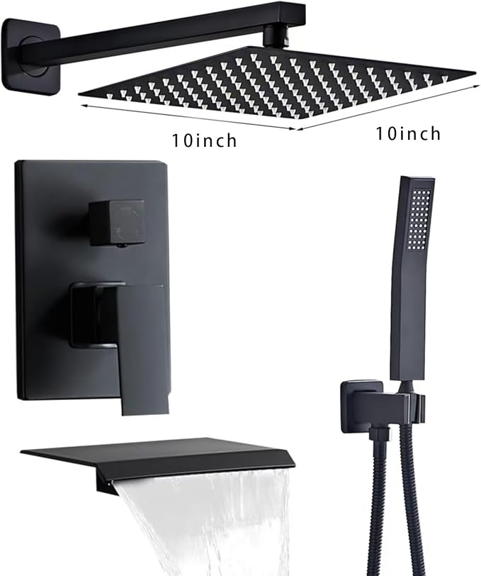 Matte Black Shower Faucet Set with Tub Spout 10 Inch | 2 Hooks, Tub and Shower Faucet Combo, Rain Shower and Handheld Shower System Square Wall Mount for Bathroom
