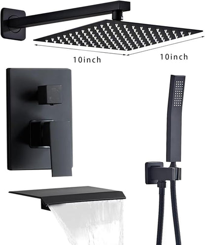 Matte Black Shower Faucet Set with Tub Spout 10 Inch | 2 Hooks, Tub and Shower Faucet Combo, Rain Shower and Handheld Shower System Square Wall Mount for Bathroom