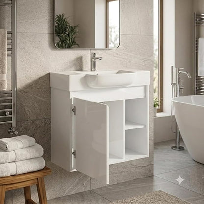 28" Bathroom Vanity with Sink, Wall-Mounted Cabinet, Glossy White | Ceramic Sink, Soft-Close Door & 2 Open Storage Shelves, Modern Farmhouse Sink Cabinet, Easy to Clean for Small Bathroom