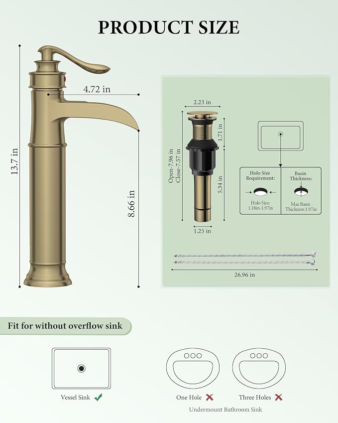Homevacious Vessel Sink Faucet Brushed Gold Waterfall Tall Bathroom Faucet | Single Handle 1 Hole Bowl Sink Faucet with Pop Up Drain Assembly and Water Supply Hose Commercial Lavatory Mixer Tap