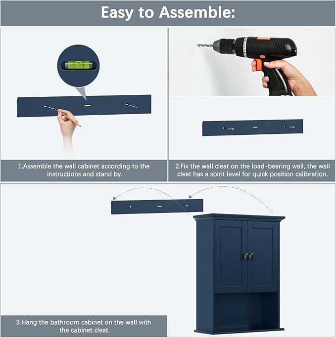 Over The Toilet Storage Cabinet, Wall Mounted Medicine Cabinet Bathroom Wall Cabinet with Build-in Spirit Level Cupboard Adjustable Shelves for Bathroom Laundry Room Kitchen, Ultramarine