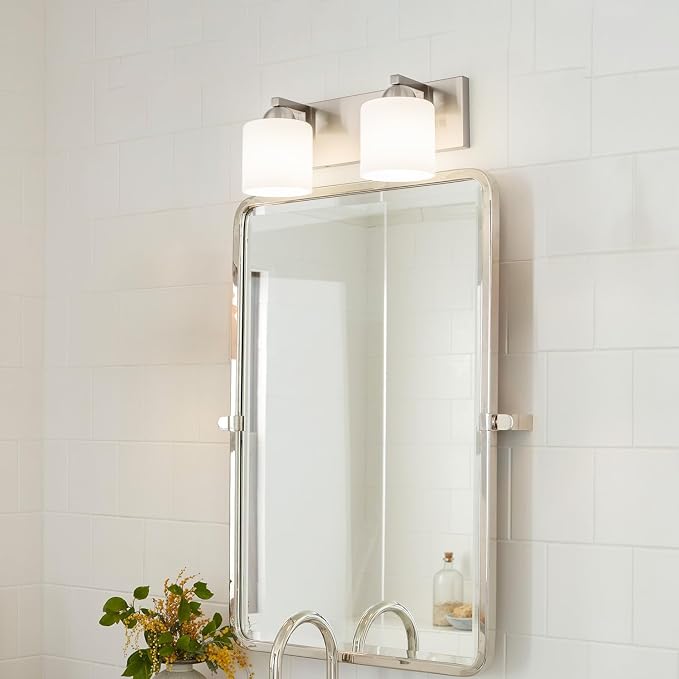 mirrea 2-Light Brushed Nickel Bathroom Vanity Light with White Glass Shades | Over Mirror,Wall Sconce,ETL listed,Bathroom Lighting Fixtures,Elegant Design,Milk White Glass Shade,Easy Installation