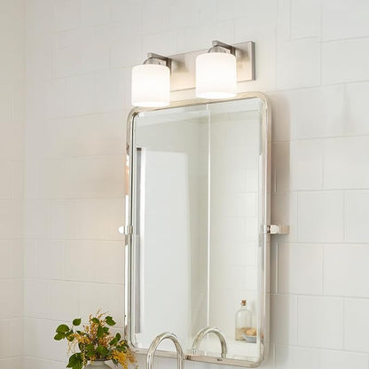 mirrea 2-Light Brushed Nickel Bathroom Vanity Light with White Glass Shades | Over Mirror,Wall Sconce,ETL listed,Bathroom Lighting Fixtures,Elegant Design,Milk White Glass Shade,Easy Installation