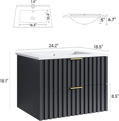 ONBRILL 24 Inch Bathroom Vanity with Sink Combo, Floating Bathroom Vanity with 2 Fluted Drawers & Metal Handle, Modern Wall Mount Storage Cabinet with Ceramic Integrated Sink for Small Space (Black)