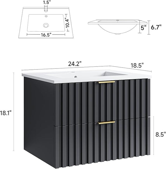 ONBRILL 24 Inch Bathroom Vanity with Sink Combo, Floating Bathroom Vanity with 2 Fluted Drawers & Metal Handle, Modern Wall Mount Storage Cabinet with Ceramic Integrated Sink for Small Space (Black)