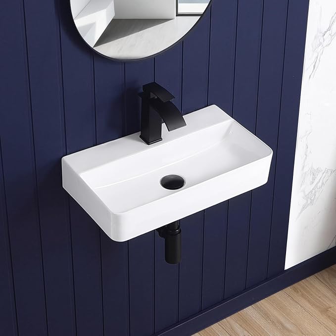 Wall Mount Bathroom Sink 21"x12" Small Vessel Sink Wall Mounted Rectangular Wall Hung Mini White Porcelain Ceramic Floating Tiny Sink,Easy Install, Durable, Space-Saving, Ideal for Home,RV