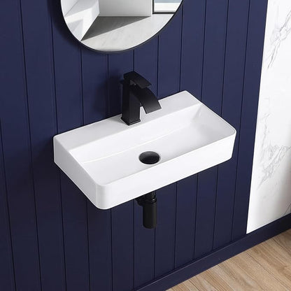Wall Mount Bathroom Sink 21"x12" Small Vessel Sink Wall Mounted Rectangular Wall Hung Mini White Porcelain Ceramic Floating Tiny Sink,Easy Install, Durable, Space-Saving, Ideal for Home,RV