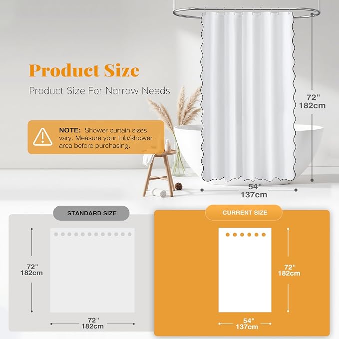 BTTN Narrow Boho Scalloped Linen Textured Shower Curtain Set, 54x72, White | Small Size, 230GSM Waterproof Polyester, Heavy Duty Fabric, 10 Plastic Hooks, Chic Modern Farmhouse Style, Machine Washable