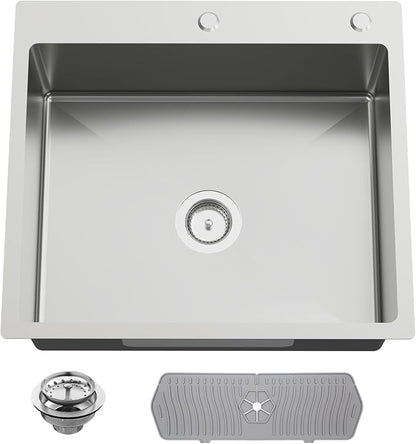 25x22 Inch Stainless Steel Kitchen Sink - Drop In Single Bowl Topmount Modern Kitchen And Bar Sink With Silicon Mat,Drain Strainer Set Compatibility With Various Kitchen&Bar Style