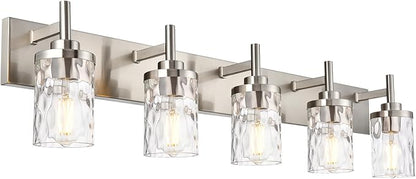 Bathroom Vanity Lighting Fixtures 5 Lights,Brushed Nickel Bathroom Vanity Lights with Clear Hammered Shade Wall Sconce Lighting Modern Farmhouse Bath Lighting