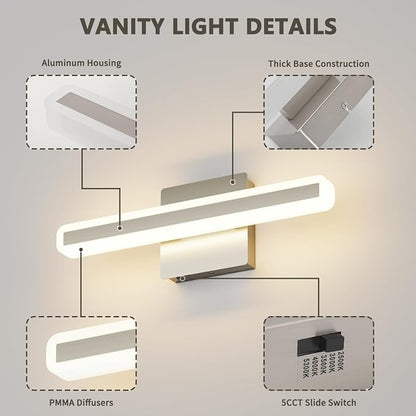 JUSHENG Brushed Nickel Vanity Lights for Bathroom, 5CCT Dimmable Vanity Light Bar, Modern LED Bathroom Lighting Fixtures Above Mirror 16'' Inch 16W