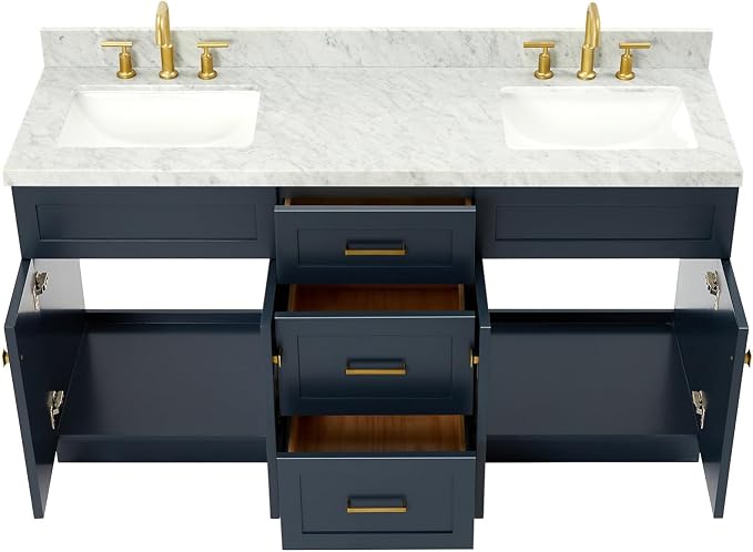 Bradford 66-Inch Midnight Blue Double Bathroom Vanity, 1.5-Inch Italian Carrara Marble Countertop & Backsplash, Double Rectangular Sinks, Soft Closing Doors & Dovetail Drawers, Satin Brass