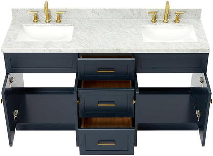 Bradford 66-Inch Midnight Blue Double Bathroom Vanity, 1.5-Inch Italian Carrara Marble Countertop & Backsplash, Double Rectangular Sinks, Soft Closing Doors & Dovetail Drawers, Satin Brass