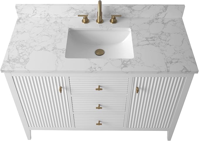 HOMEBEYOND 48" Bathroom Vanity with Sink, Solid Wood Bathroom Vanity Free-Standing Cabinet, Drawers, Ceramic Top & Soft Closing Door, Golden Brushed Handware, White