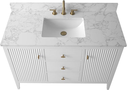 HOMEBEYOND 48" Bathroom Vanity with Sink, Solid Wood Bathroom Vanity Free-Standing Cabinet, Drawers, Ceramic Top & Soft Closing Door, Golden Brushed Handware, White