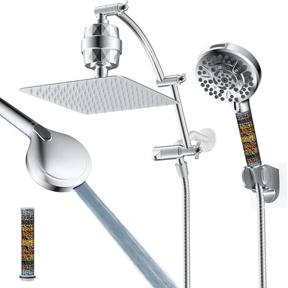 Hibbent 10" Dual Filtered Shower Head Combo, 10-spray Handheld, Chrome | All Metal High Pressure Rainfall Shower Head Combo with Filter, 16" Extension Arm, 3-way Diverter, 71" Hose & Shower Holder