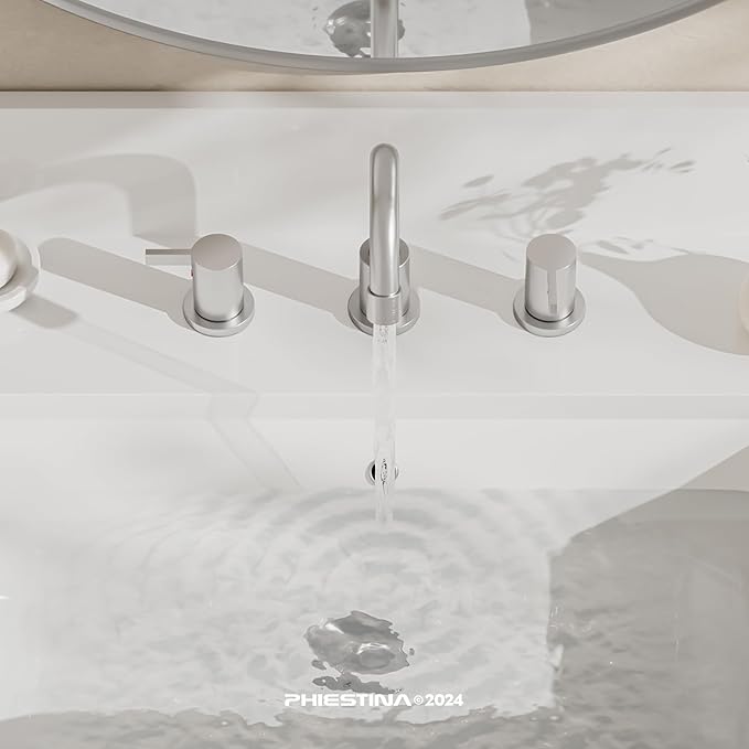 Phiestina 3 Hole 8 Inch 2 Handle Widespread Bathroom Faucet with Metal Pop-Up Drain, Brushed Nickel, WF015-1-BN