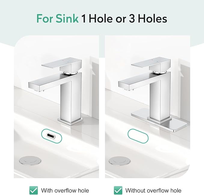 Faustina Polished Chrome Bathroom Faucet, Single Handle Stainless Steel Bathroom Vanity Faucet with Metal Pop-Up Drain and Deck Plate for 1 or 3 Hole