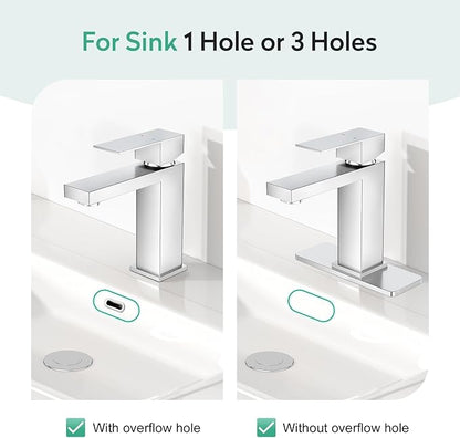 Faustina Polished Chrome Bathroom Faucet, Single Handle Stainless Steel Bathroom Vanity Faucet with Metal Pop-Up Drain and Deck Plate for 1 or 3 Hole