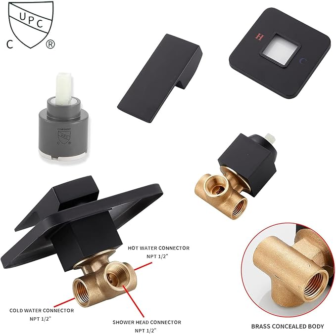 Black Shower Faucet GGStudy Single Function Shower Trim Kit with Rough-in Valve Shower Set Bath Rainfall Shower Faucet System 8inch Square Stainless Steel Metal Shower Head