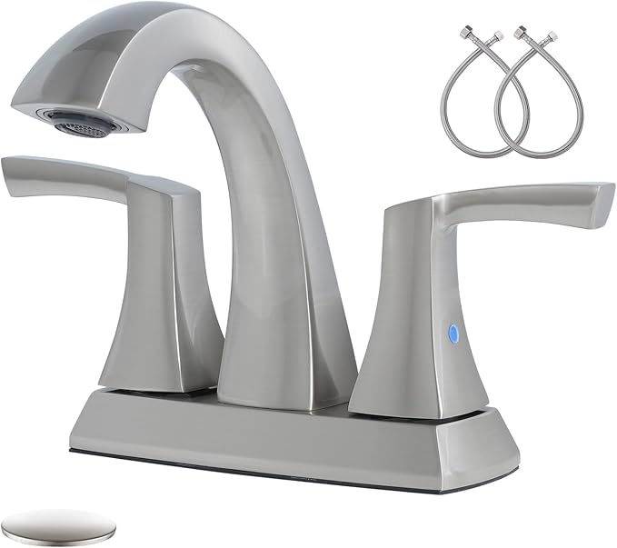 VXV Bathroom Faucet Brushed Nickel, 2 Handles Low Arc Bathroom Sink Faucets, 4 Inch Centerset Bath Lavatory Faucets with Pop-up Drain & Faucet Supply Lines (BN)