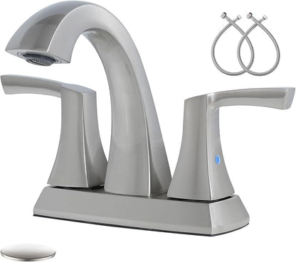 VXV Bathroom Faucet Brushed Nickel, 2 Handles Low Arc Bathroom Sink Faucets, 4 Inch Centerset Bath Lavatory Faucets with Pop-up Drain & Faucet Supply Lines (BN)