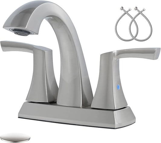 VXV Bathroom Faucet Brushed Nickel, 2 Handles Low Arc Bathroom Sink Faucets, 4 Inch Centerset Bath Lavatory Faucets with Pop-up Drain & Faucet Supply Lines (BN)