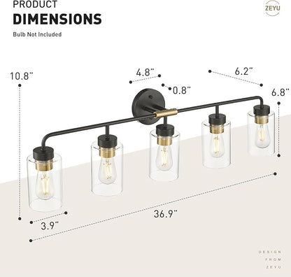 zeyu 36.5 Inch Modern Vanity Lights Over Mirror with Clear Glass Shade, 5-Light Bathroom Light Fixtures for Bathroom, Bedroom, Hallway, Black and Gold Finish, ZS62B-5W BK+BG